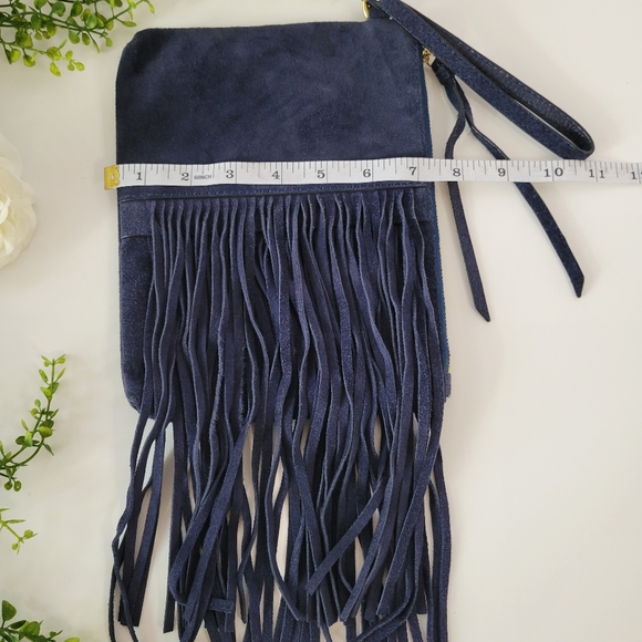 Banana Republic navy blue Italian suede leather fringe pouch - Picture 9 of 11